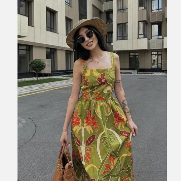 NWOT ZARA WOMAN ZW COLLECTION PRINTED MIDI DRESS GREEN | 2183/010 - Picture 3 of 12